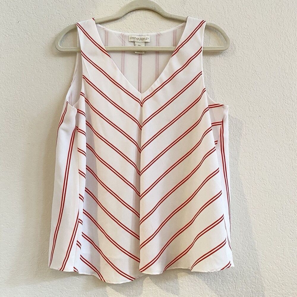 Cynthia Rowley Women's Red‎  White Stripes V Neck Lined Sleeveless Top M